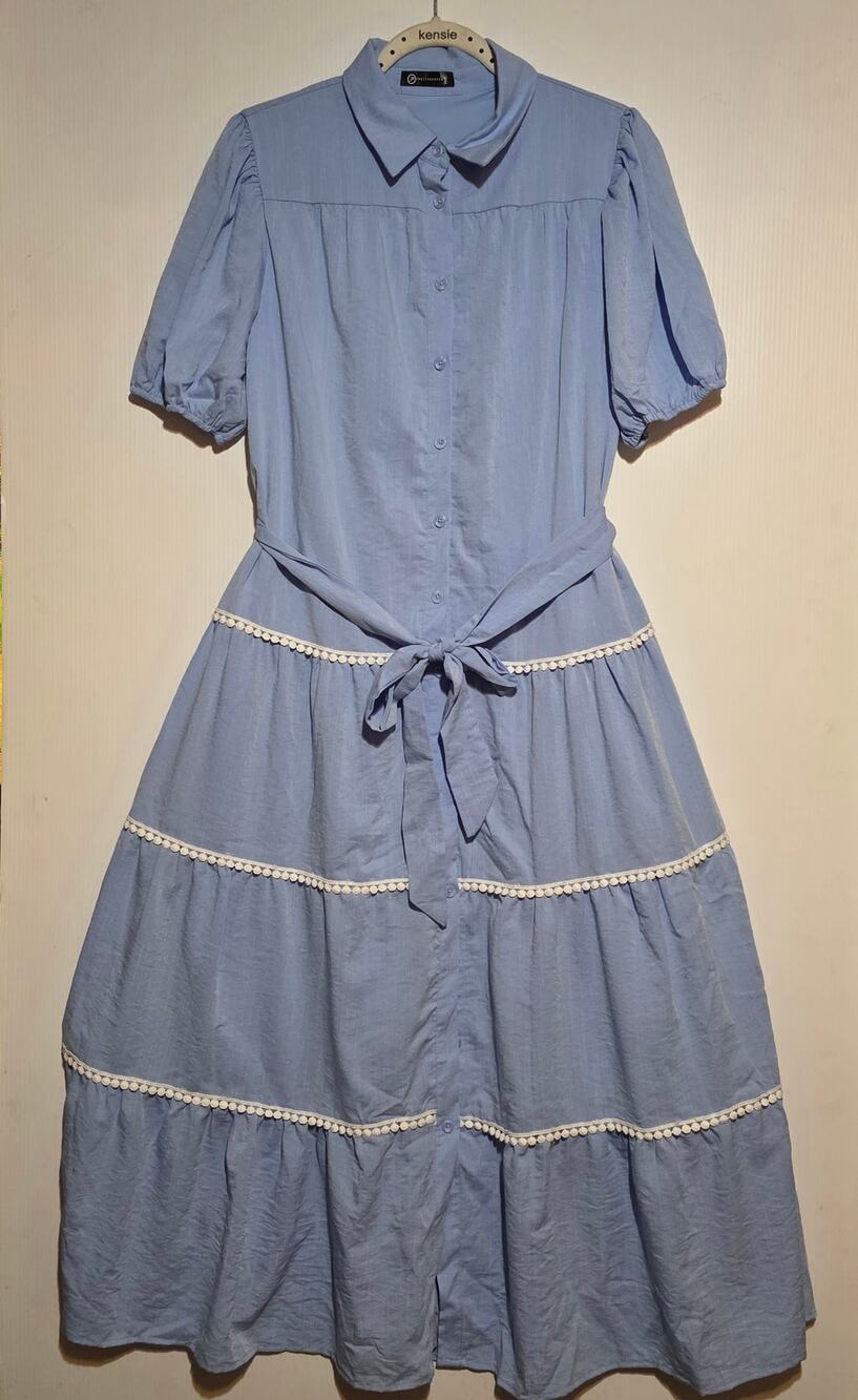PrettyGarden Blue Tiered Midi Shirt Dress Size L Belted Pom Pom Trim Chic